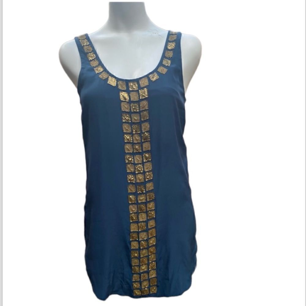 Haute hippie blue silk mini dress with gold detail size small